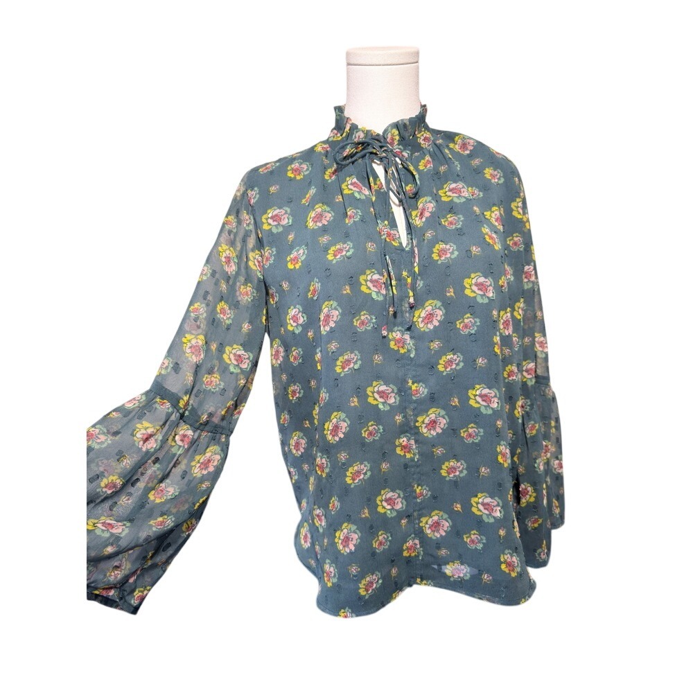 LOFT Petites Floral Dobby Tie Neck Bell Sleeve Blouse Boho Office Small